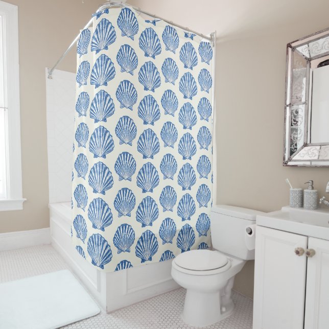Blue Coastal Scallop Shell Pattern Nautical Beach Shower Curtain (In Situ)