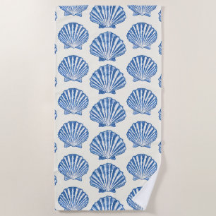 Blue Coastal Scallop Shell Pattern Nautical Beach Towel