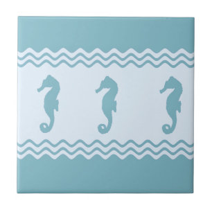 Blue Coastal Seahorses Stripes Ceramic Tile