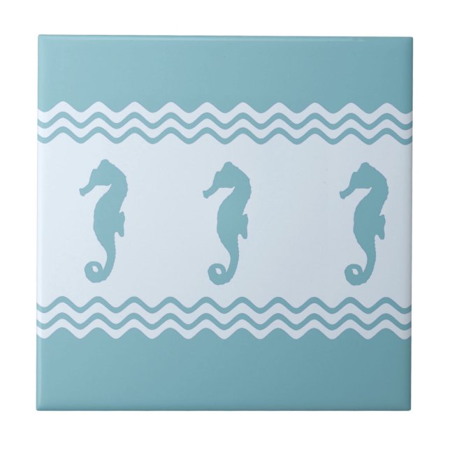 Blue Coastal Seahorses Stripes Ceramic Tile (Front)