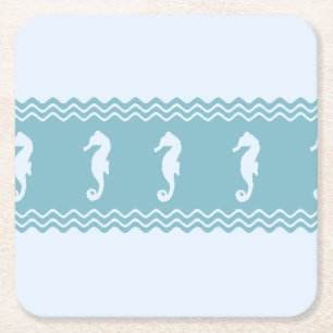 Blue Coastal Seahorses Stripes Square Paper Coaster