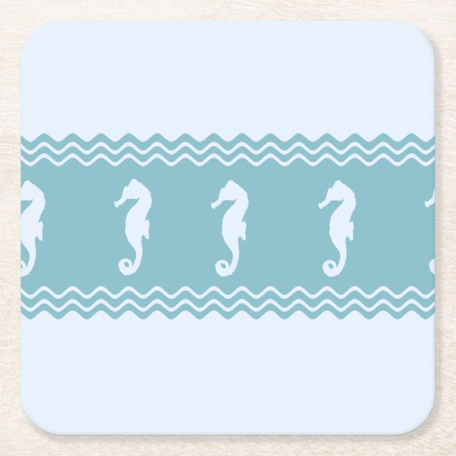 Blue Coastal Seahorses Stripes Square Paper Coaster (Front)