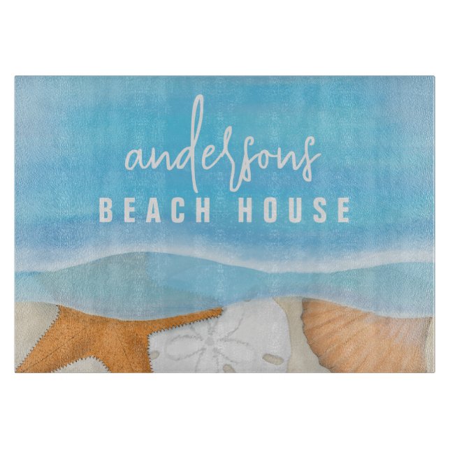 Blue Coastal Seaside Whimsical Ocean Seashells Cutting Board (Front)