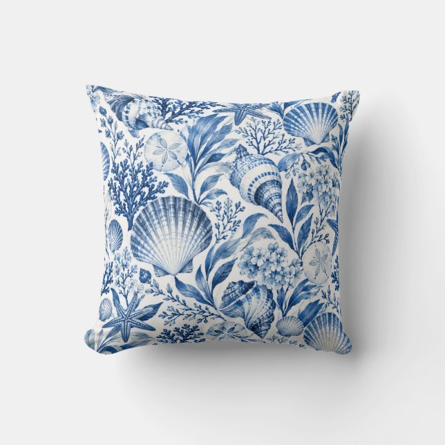 Blue Coastal Shells & Starfish Pattern Cushion (Front)