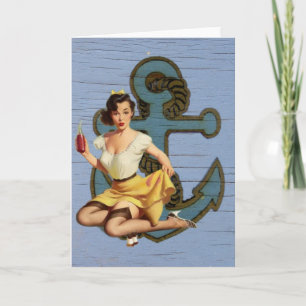 blue coastal ship and anchor pool party girl card