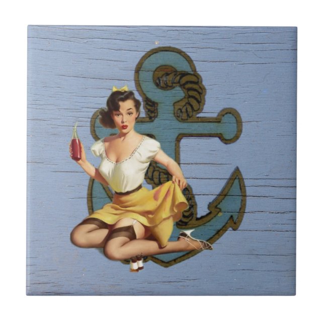blue coastal ship and anchor pool party girl ceramic tile (Front)