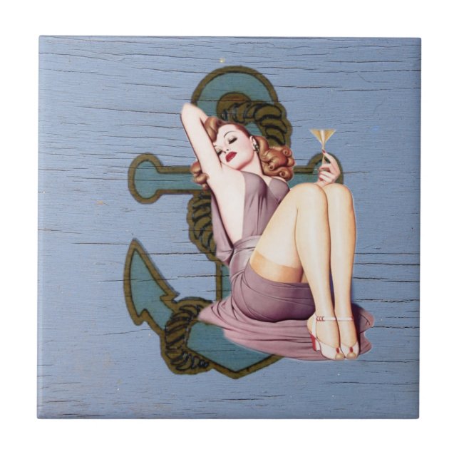 blue coastal ship and anchor pool party girl ceramic tile (Front)