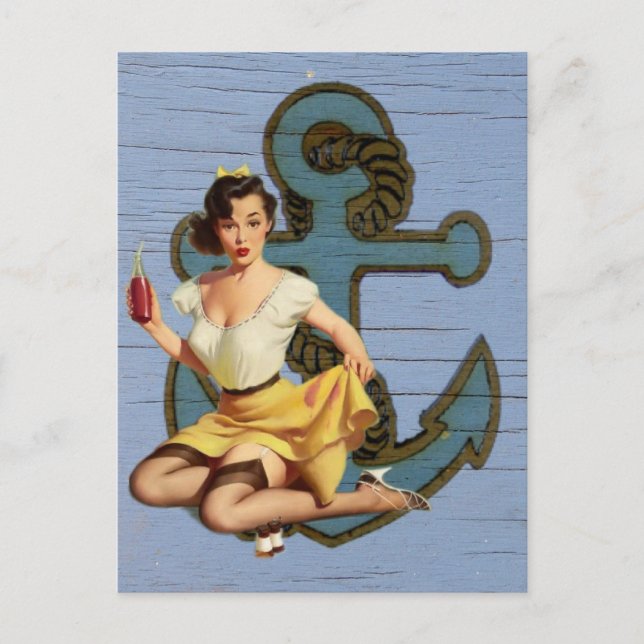 blue coastal ship and anchor pool party girl postcard (Front)