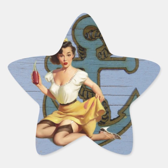 blue coastal ship and anchor pool party girl star sticker (Front)
