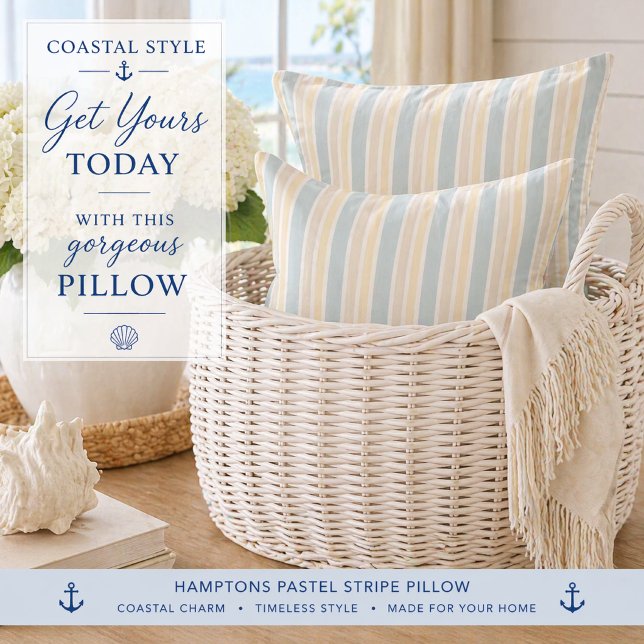 Blue Coastal Stripe Throw Pillow | Hamptons  (Style your home with this coastal stripe pillow—perfect for relaxed, elegant Hamptons living)