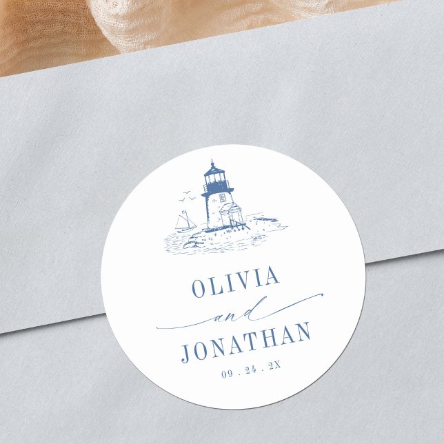 Blue Coastal Toile Lighthouse Wedding Classic Round Sticker (Creator Uploaded)