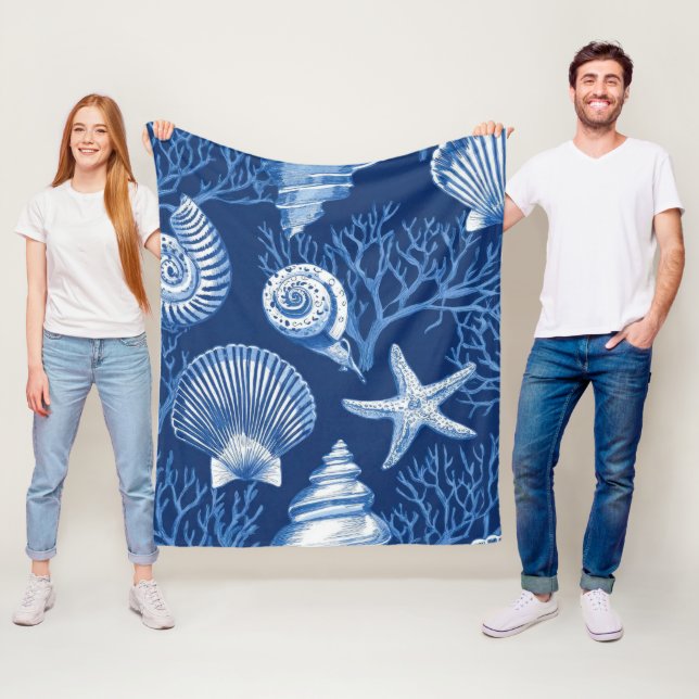Blue Coastal Toile Seashell Coral Pattern (2) Fleece Blanket (In Situ)