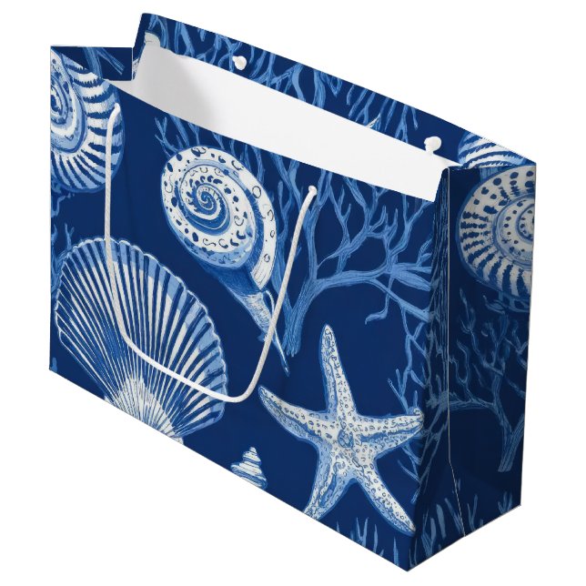 Blue Coastal Toile Seashell Coral Pattern (2) Large Gift Bag (Front Angled)