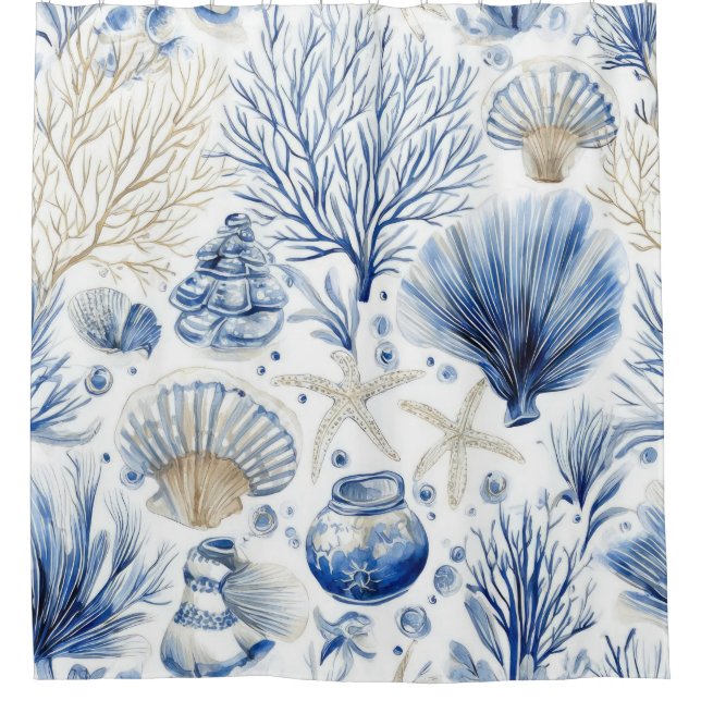 Blue Coastal Toile Seashell Coral Pattern (2) Shower Curtain (Front)