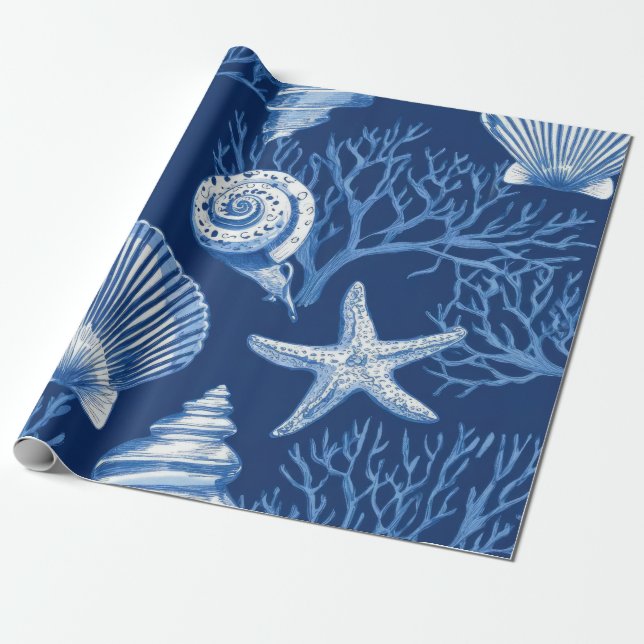Blue Coastal Toile Seashell Coral Pattern (2) Wrapping Paper (Unrolled)