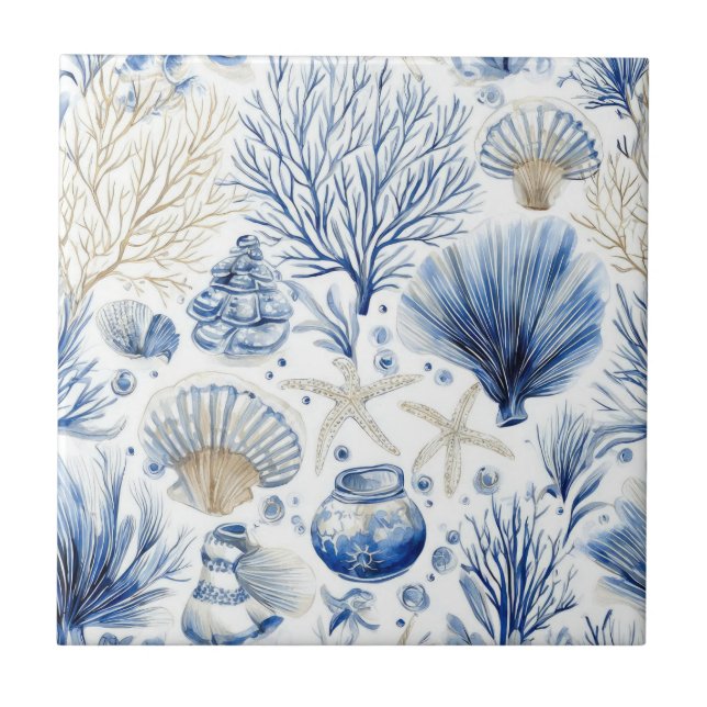 Blue Coastal Toile Seashell Coral Pattern (3) Ceramic Tile (Front)