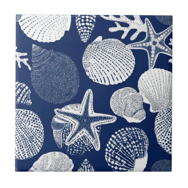 Blue Coastal Toile Seashell Coral Pattern (4) Ceramic Tile (Front)