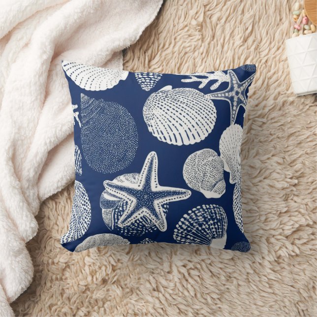 Blue Coastal Toile Seashell Coral Pattern (4) Cushion (Blanket)