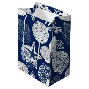Blue Coastal Toile Seashell Coral Pattern (4) Medium Gift Bag