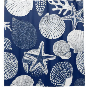 Blue Coastal Toile Seashell Coral Pattern (4) Shower Curtain