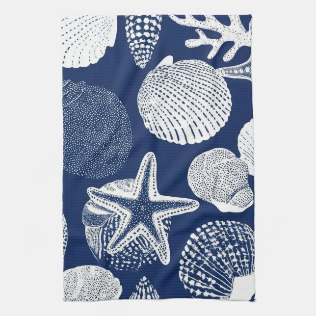 Blue Coastal Toile Seashell Coral Pattern (4) Tea Towel (Vertical)
