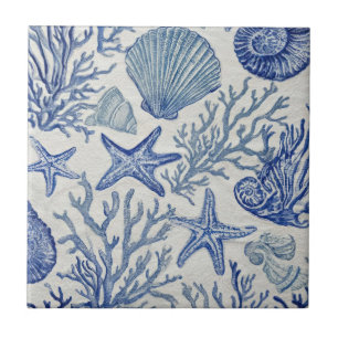 Blue Coastal Toile Seashell Coral Pattern Ceramic Tile