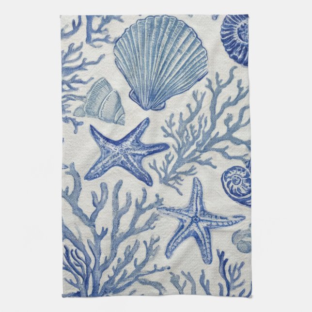 Blue Coastal Toile Seashell Coral Pattern Tea Towel (Vertical)