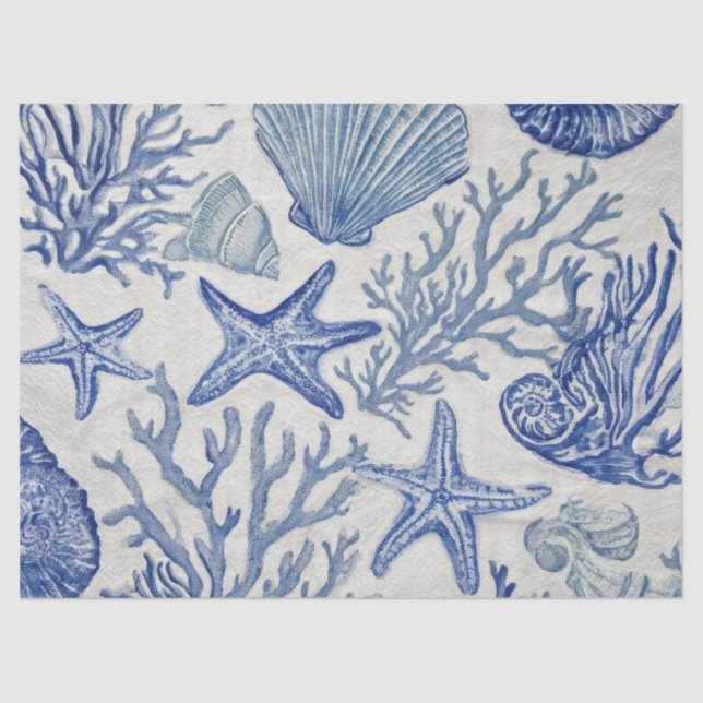 Blue Coastal Toile Seashell Coral Pattern Tissue Paper (Front)