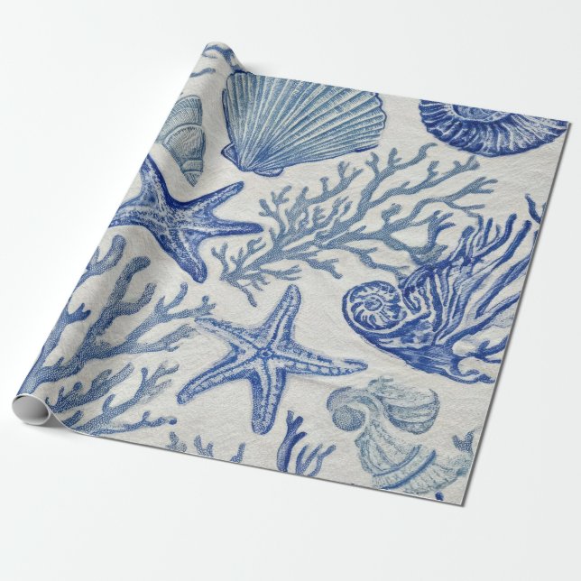 Blue Coastal Toile Seashell Coral Pattern Wrapping Paper (Unrolled)