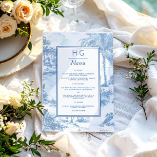 Blue Coastal Toile Wedding Dinner Reception Menu