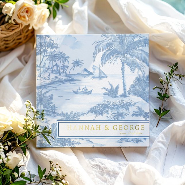 Blue Coastal Toile Wedding Gold Foil Luxury Guest Book (Creator Uploaded)