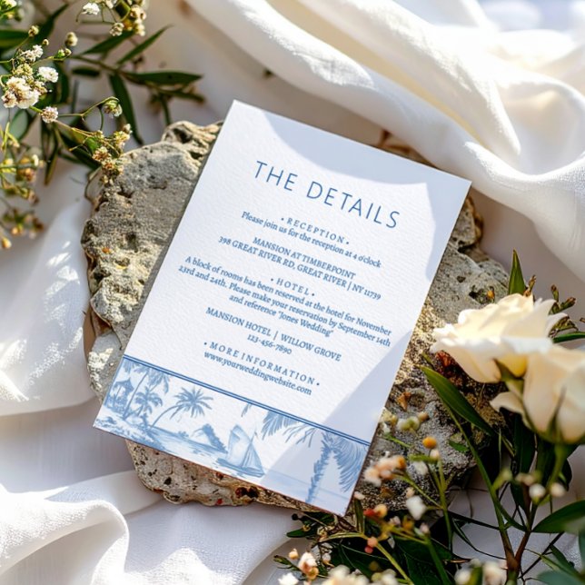 Blue Coastal Toile Wedding information detail card (Creator Uploaded)