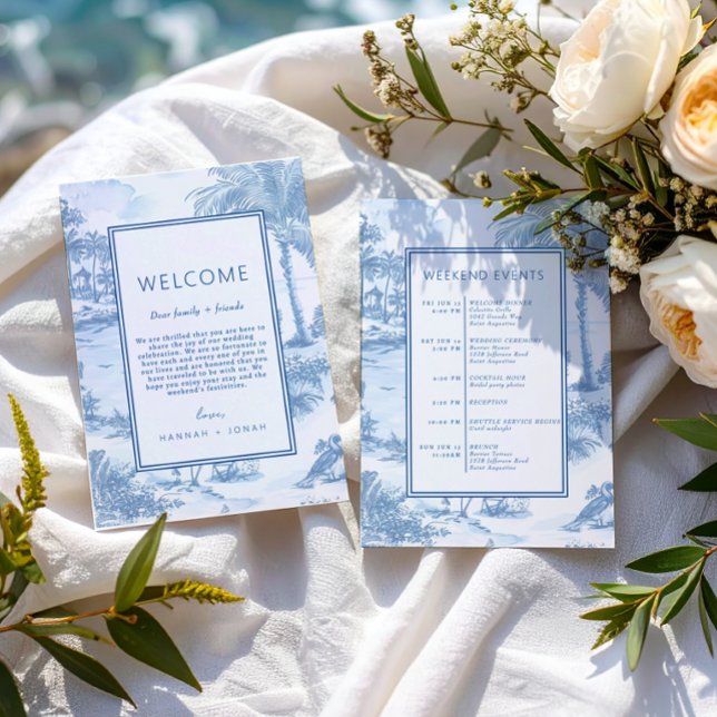 Blue Coastal Toile Wedding program Welcome card (Creator Uploaded)
