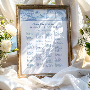 Blue Coastal Toile Wedding Seating Plan Poster 