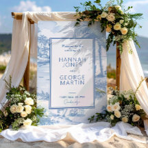 Blue Coastal Toile Wedding Welcome Reception sign