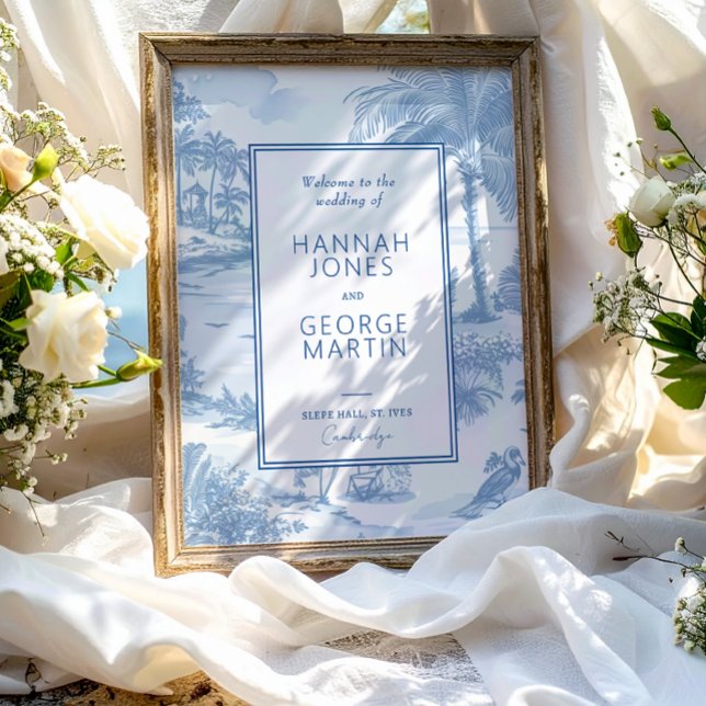 Blue Coastal Toile Wedding Welcome Reception sign (Creator Uploaded)