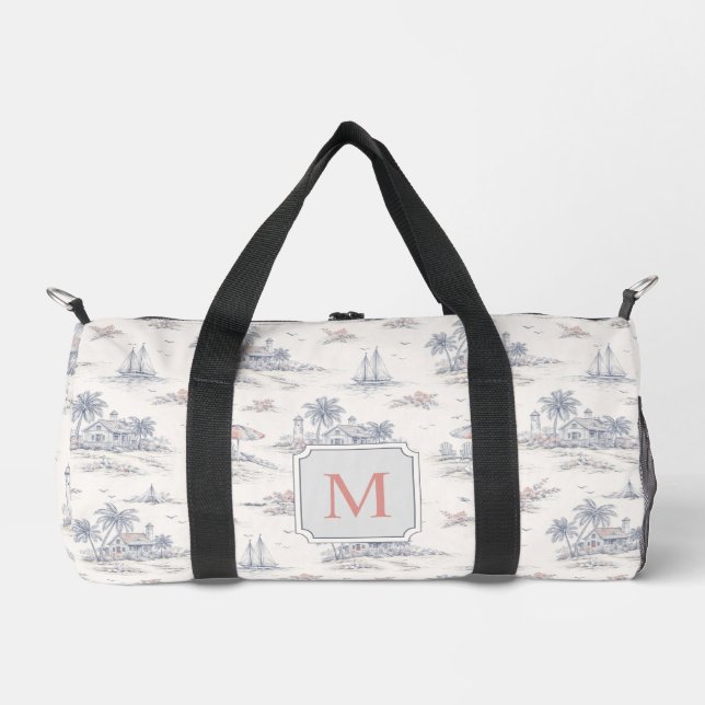 Blue Coastal Tropical French Toile Monogram Duffle Bag (Front)