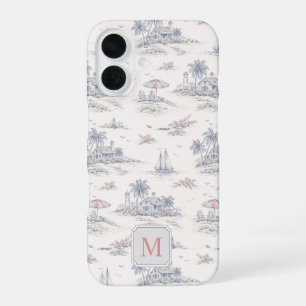 Blue Coastal Tropical French Toile Monogram iPhone 16 Case