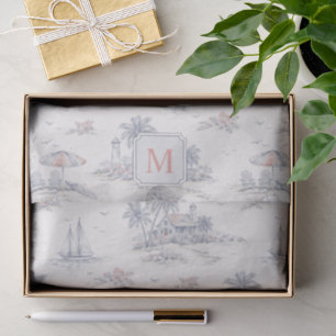 Blue Coastal Tropical French Toile Monogram Tissue Paper