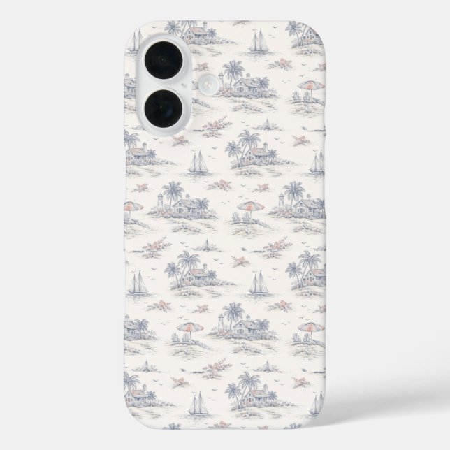 Blue Coastal Tropical French Toile Pattern Case-Mate iPhone Case (Back)