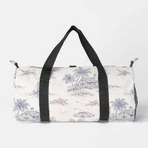 Blue Coastal Tropical French Toile Pattern Duffle Bag
