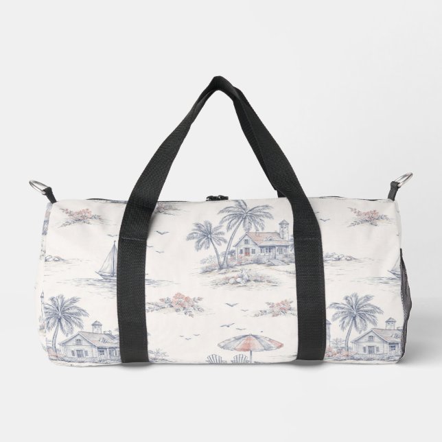 Blue Coastal Tropical French Toile Pattern Duffle Bag (Front)