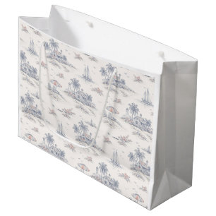 Blue Coastal Tropical French Toile Pattern Large Gift Bag