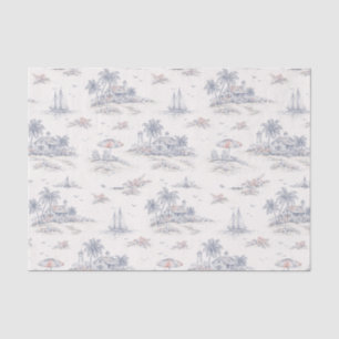 Blue Coastal Tropical French Toile Pattern Tissue Paper