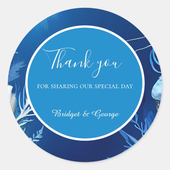 blue coastal vibe wedding classic round sticker (Front)