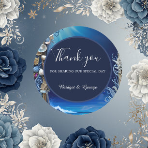 blue coastal vibe wedding classic round sticker