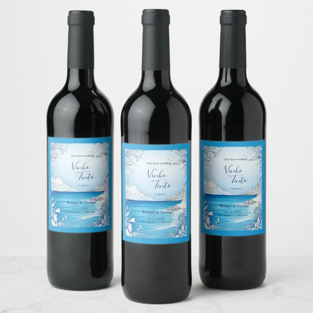 blue coastal vibe wedding wine label (Bottles)