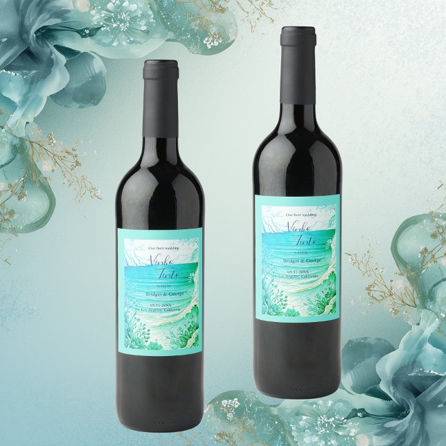 blue coastal vibe wedding wine label (Creator Uploaded)