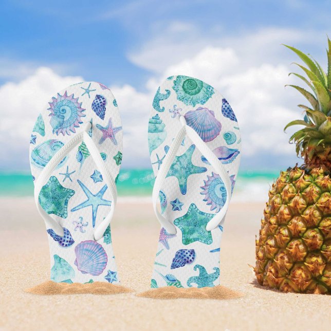 Blue Coastal Watercolor Sea shell and Starfish Thongs (Blue Coastal Watercolor Sea shell and Starfish Flip Flops)