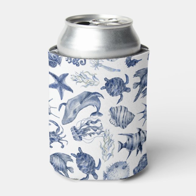 Blue Coastal Wedding Can Cooler (Can Front)